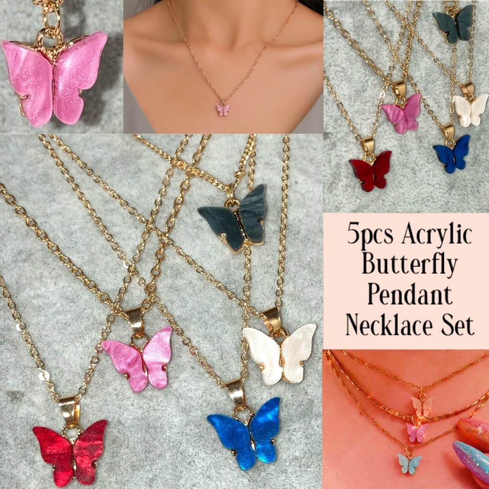 Cute Mini Acrylic Butterfly Pendant Necklace Set